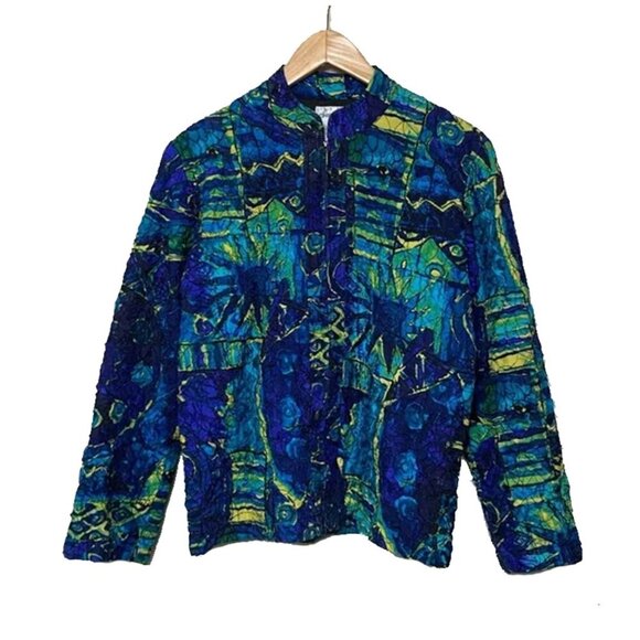 Chico’s Blue Green Silk Abstract Crinkle Textured Button Jacket | Women’s XS - Picture 1 of 5